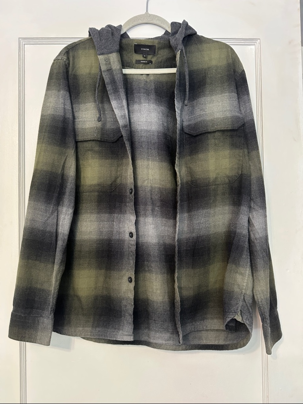 Vince Men's Classic Fit Hooded Flannel Shirt Olive Grey Ombre 100% Cotton - NWOT